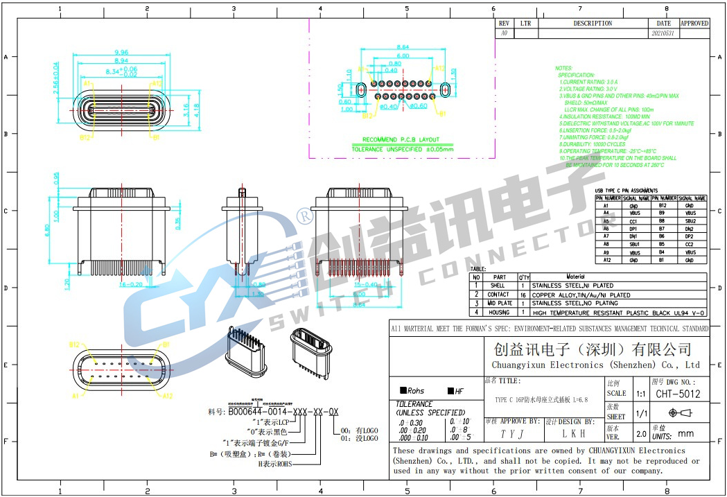 TYPE-C立式插板母座 CHT-5012(图1)