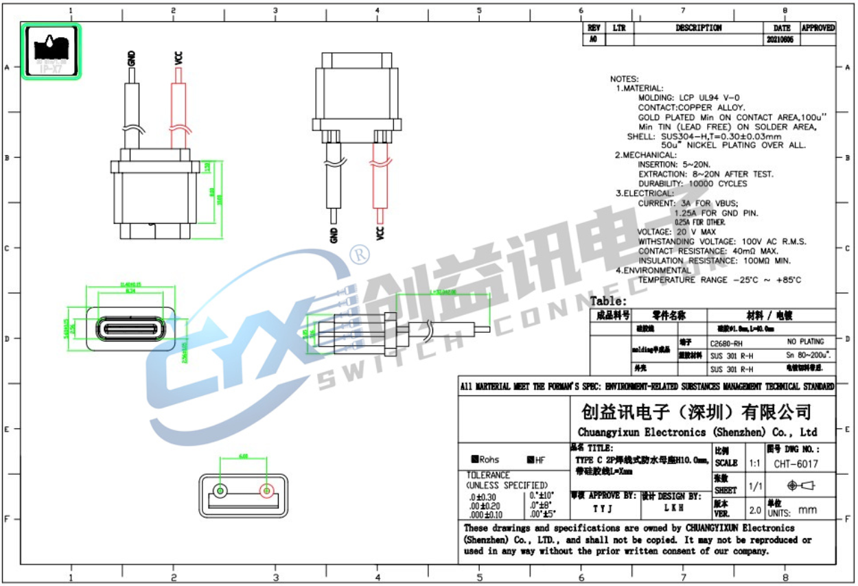 TYPE-C 2P焊线式防水母座 CHT-6017(图1)