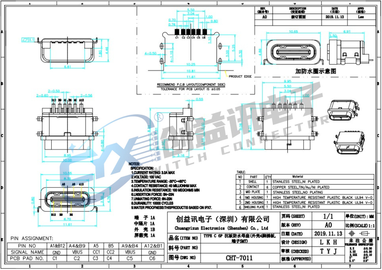 TYPE-C 沉板外壳带四脚插板母座SMT CHT-7011(图1)