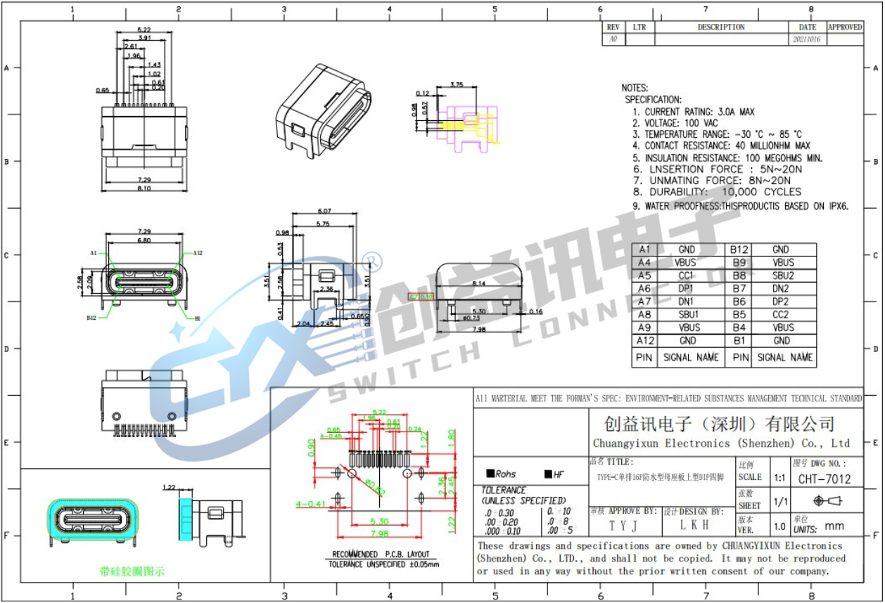 TYPE-C 沉板外壳带四脚插板母座SMT CHT-7012(图1)