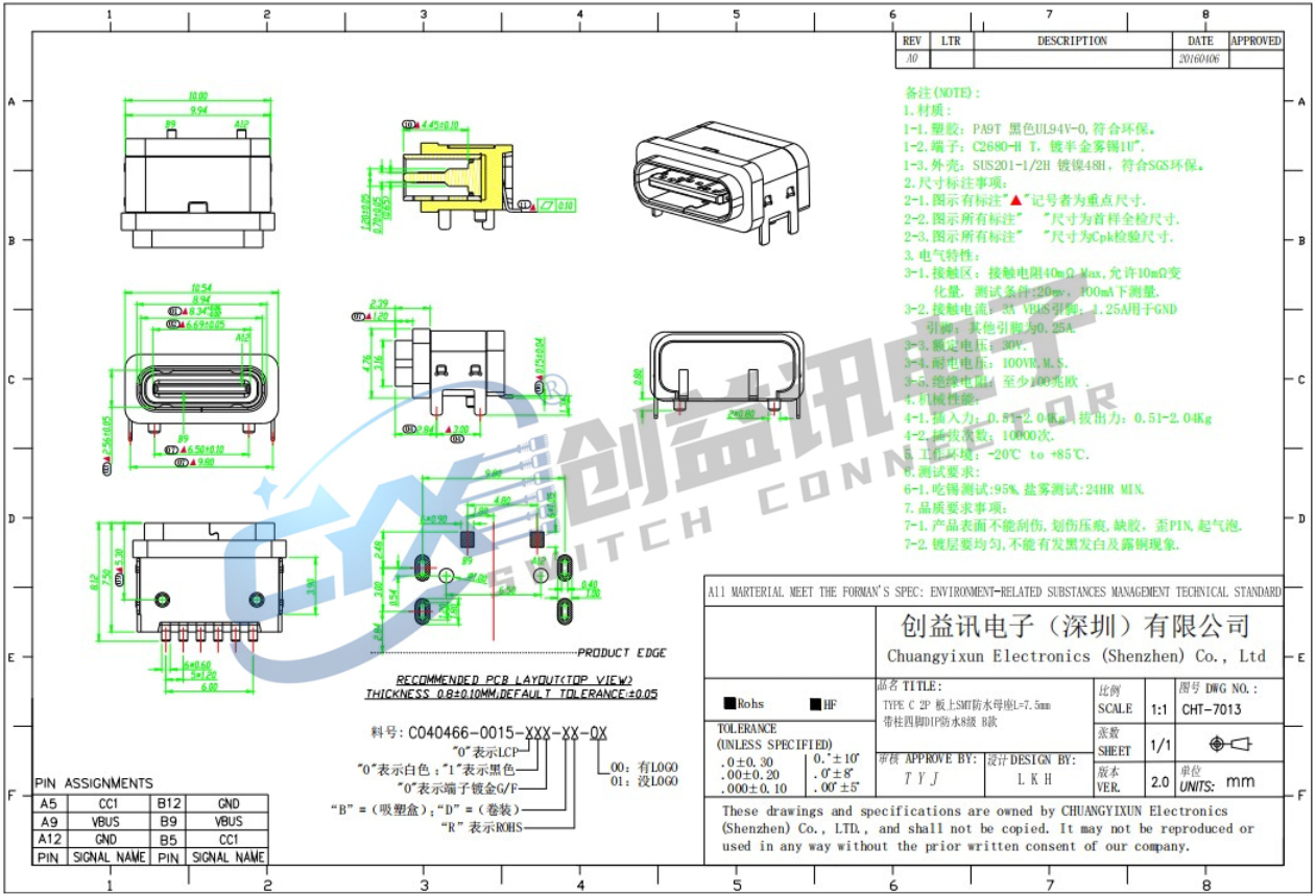 TYPE-C 2PIN 板上四脚全贴母座 CHT-7013(图1)