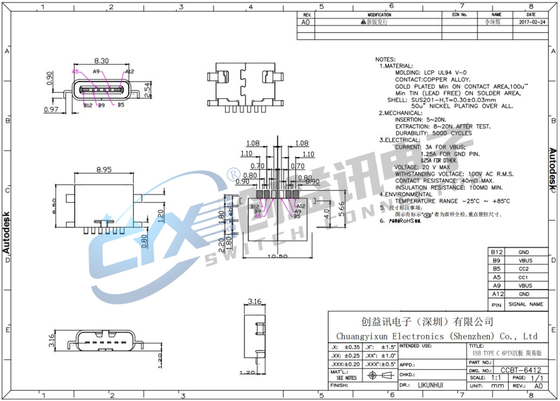 TYPE-C沉板母座 CCBT-6412(图1)