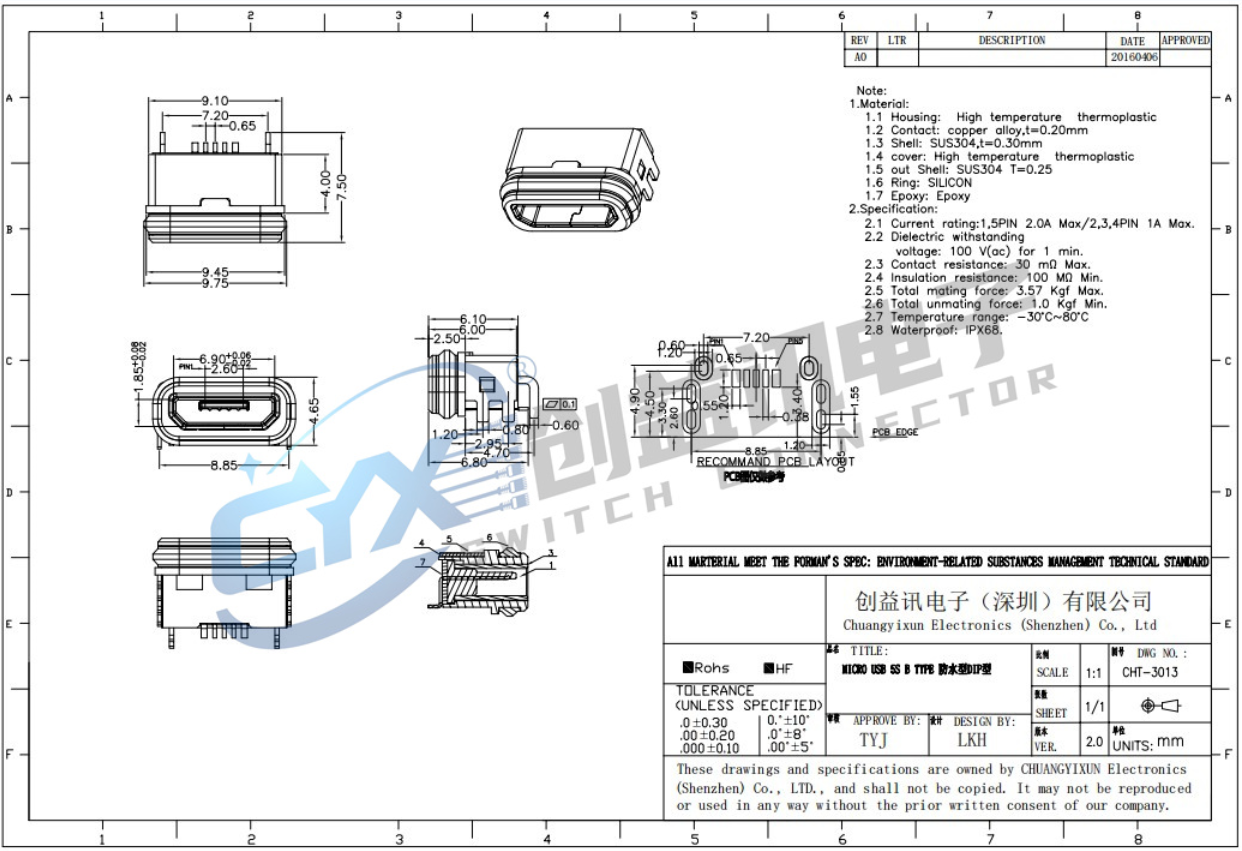 MICRO USB 5S B TYPE 防水型DIP型  CHT3013(图1)