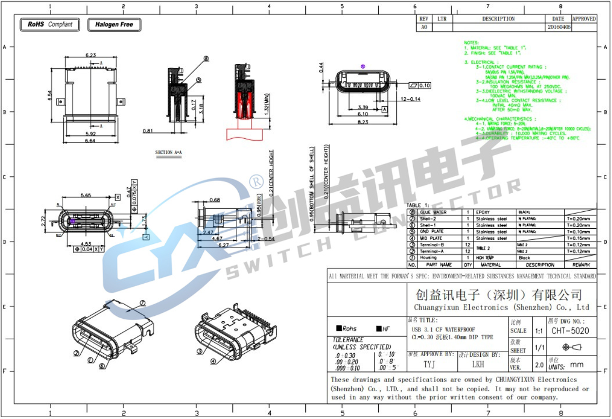 TYPE-C 6P 立贴带贴片脚母座 CHT-5020(图1)