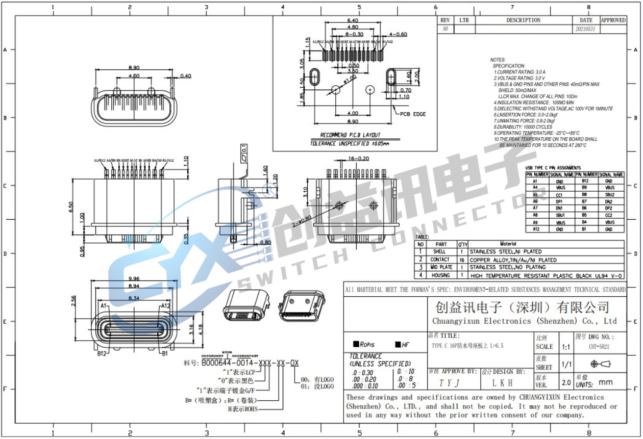 TYPE-C  16P  板上防水母座  CHT-5021(图1)