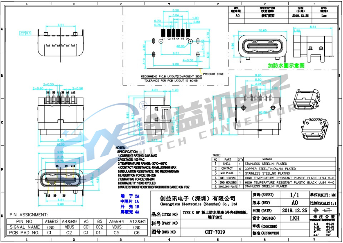 TYPE-C 6P 板上防水母座 CHT-7019(图1)