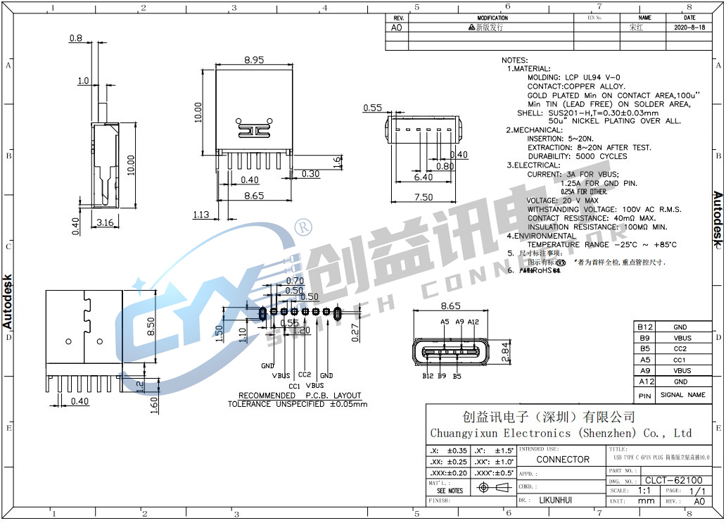 TYPE-C 6Pin 直插10.0 CLCT-62100(图1)