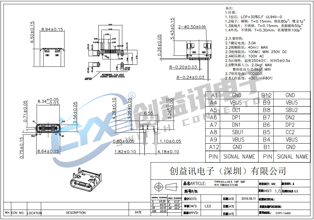 TYPE母头L=6.5 16P SMT单排 四脚插板有柱A款 CPTP-16650(图1)