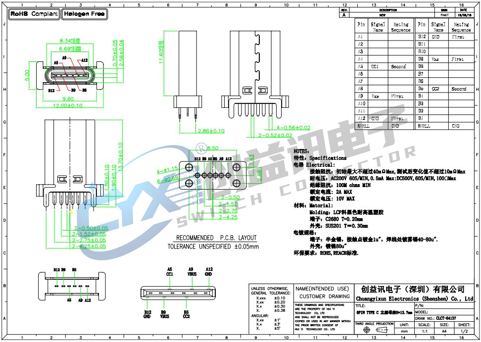 TYPE-C 6PF 立插 H=13.7  CLCT-64137(图1)