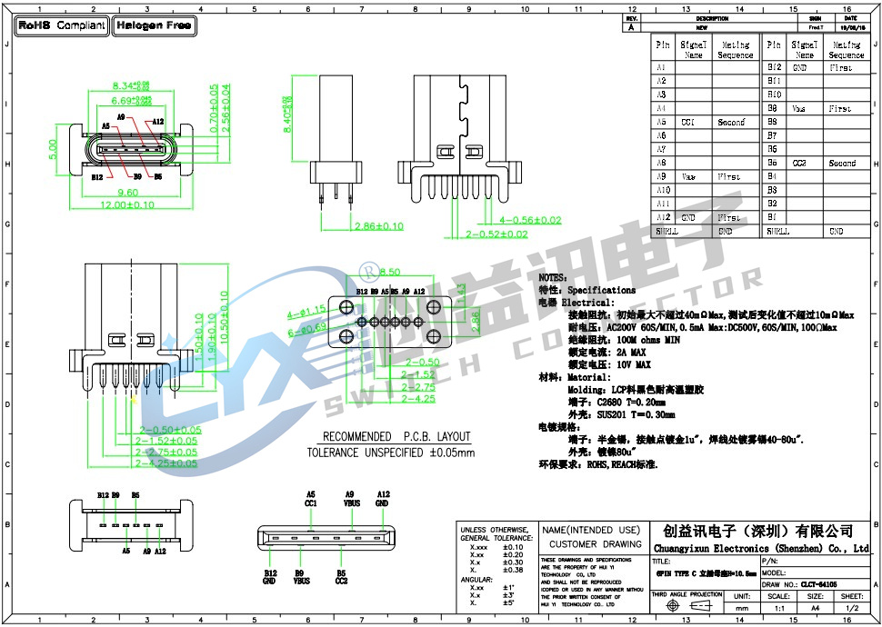 TYPE-C 6PF 立插 H=10.5  CLCT-64105(图1)