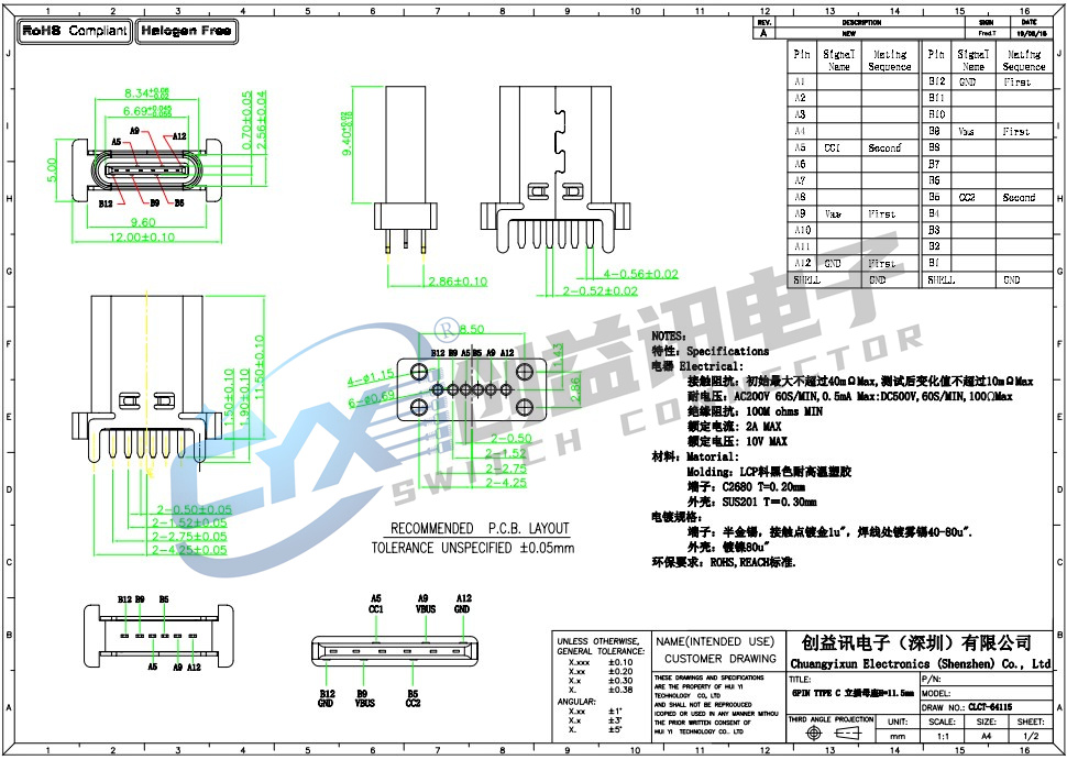 TYPE-C 6PF 立插 H=11.5  CLCT-64115(图1)