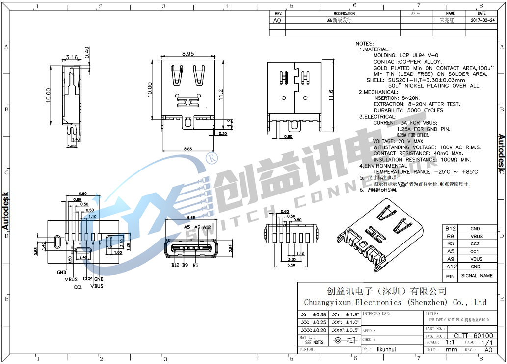 USB TYPE C 6PIN PLUG 简易版立贴10.0   CLTT-60100(图1)