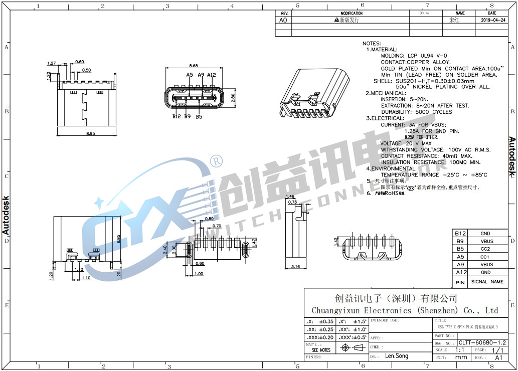 TYPE-C 6P立贴6.8 1.2脚长  CLTT-60680-1.2(图1)