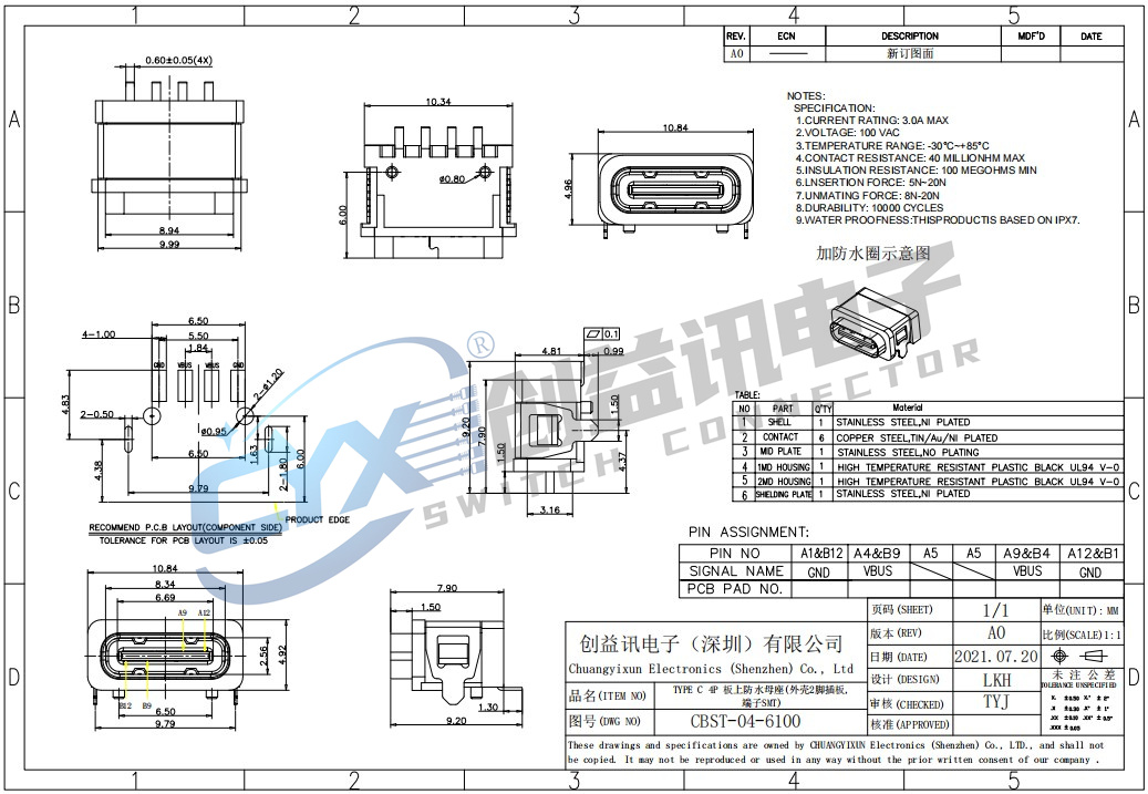 TYPE C 4P 板上防水母座(外壳2脚插板,端子SMT) CBST-04-6100(图1)