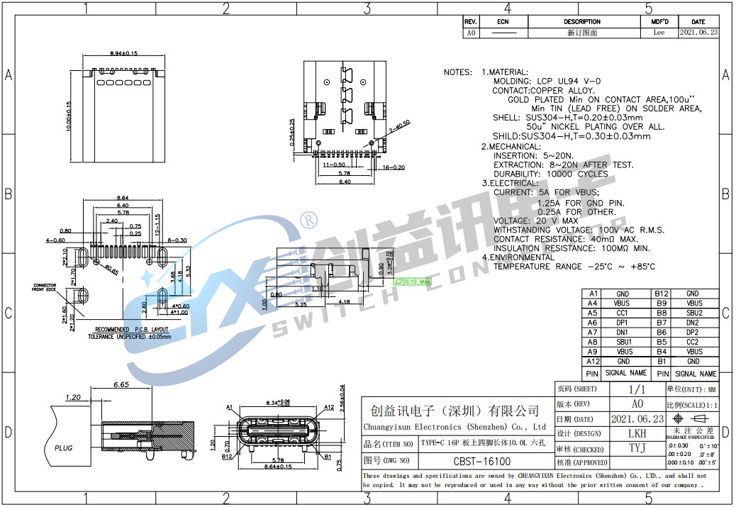 TYPE-C 16P 板上四脚长体10.0L 六孔  CBST-16100(图1)