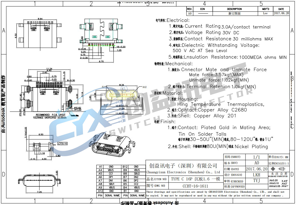 TYPE C 16P 沉板1.6 CCBT-16-1611(图1)