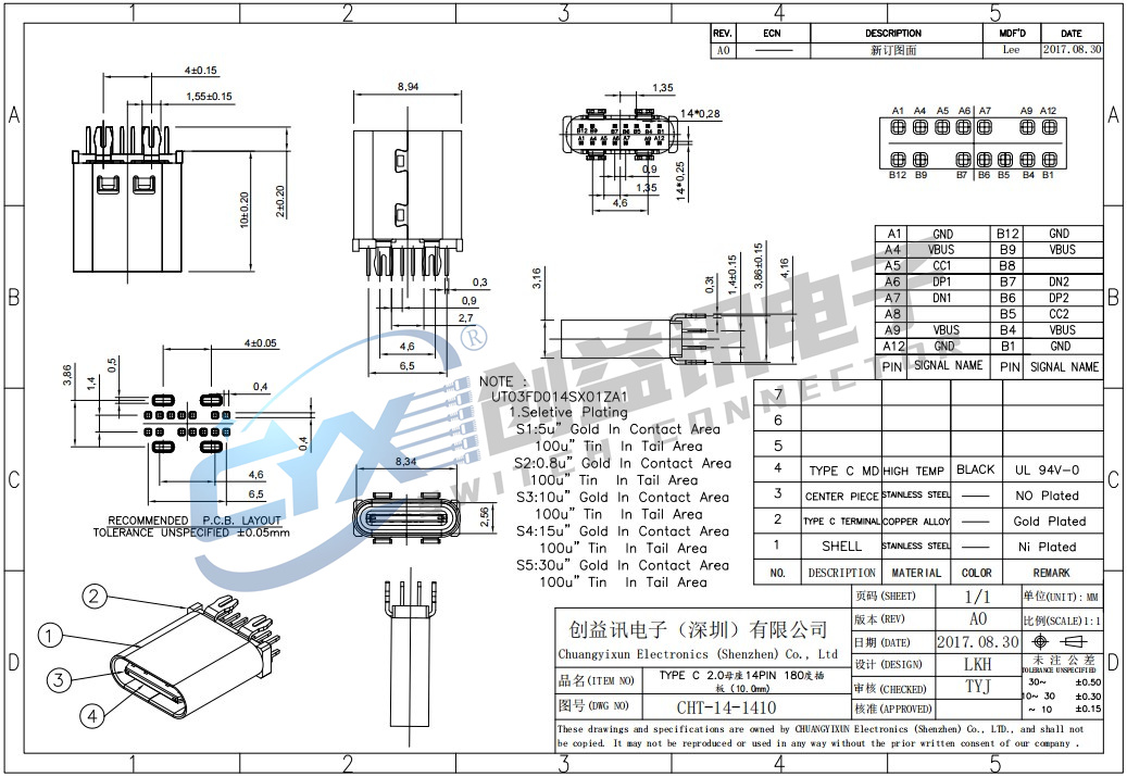 tpye-C 直插 14 PIN 10.0  3模  CHT-14-1410(图1)