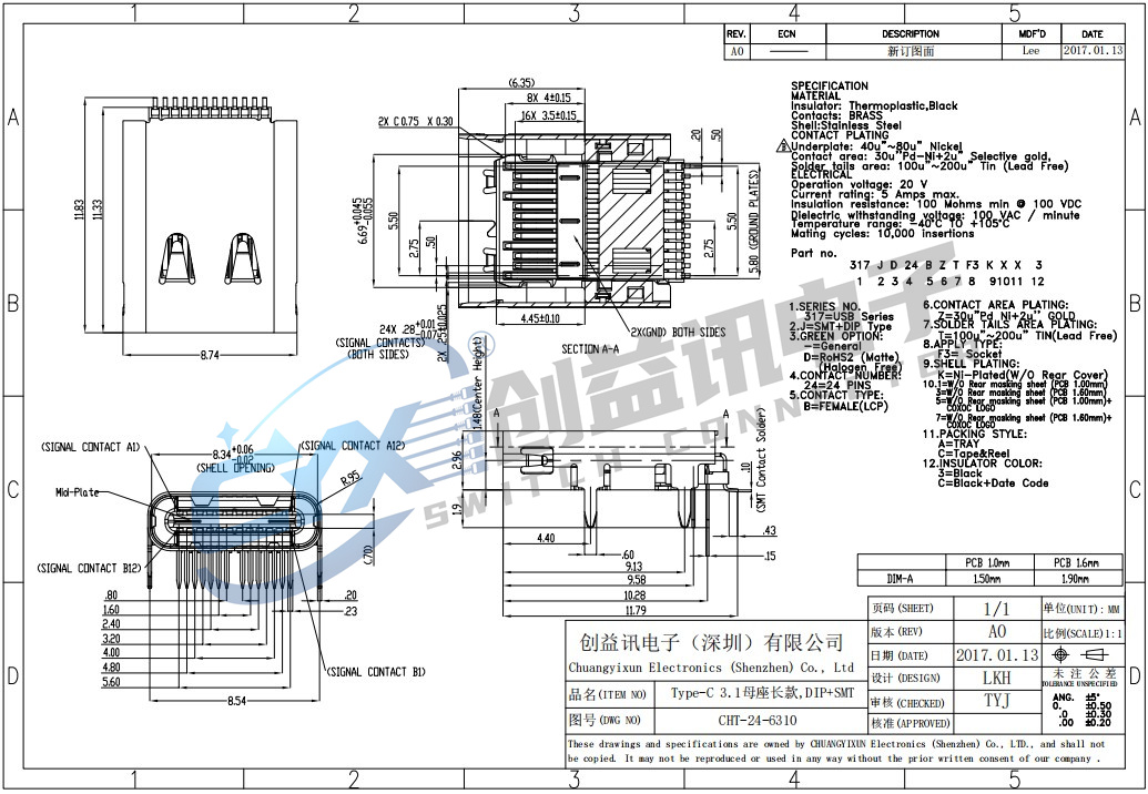 Type-C 3.1母座长款,DIP+SMT  CHT-24-6310(图1)