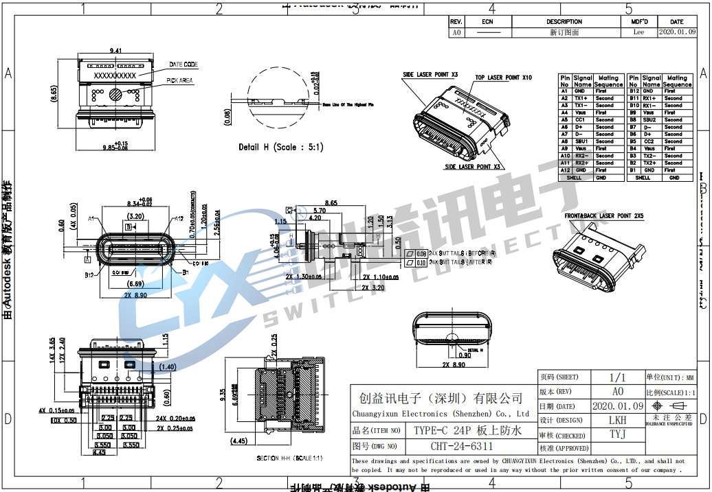 TYPE-C 24P 板上防水  CHT-24-6311(图1)