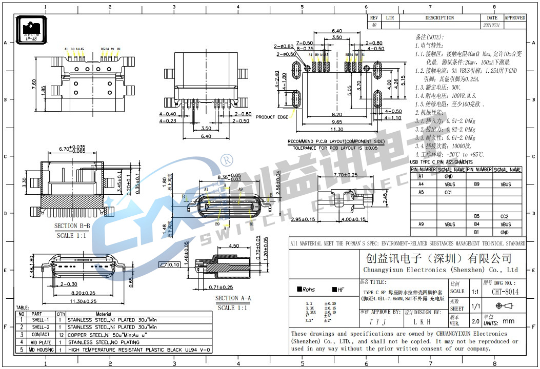 TYPE C 8P 母座防水拉伸壳四脚护套  CHT-8014(图1)