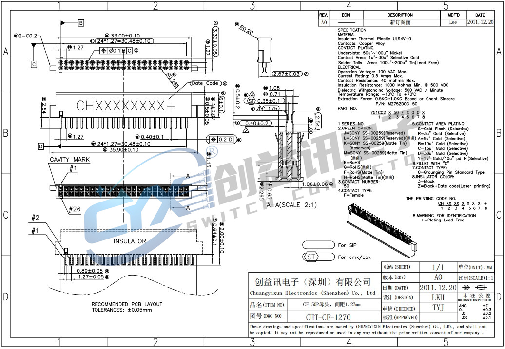 CF 50P母头，间距1.27mm  CHT-CF-1270(图1)