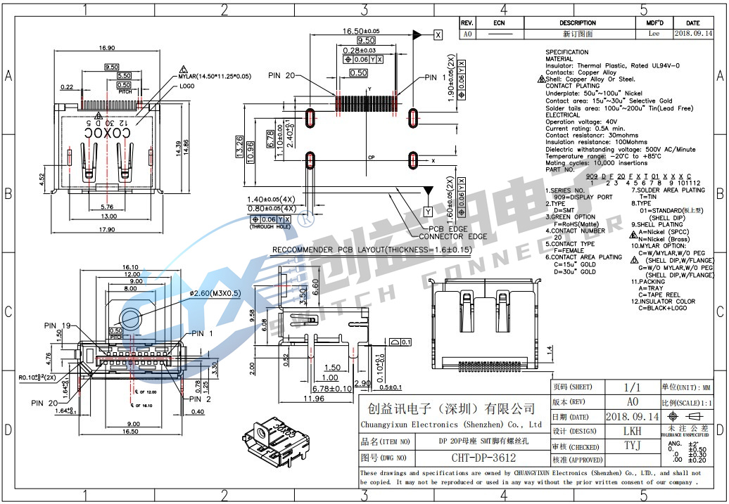 DP 20P母座 SMT脚有螺丝孔 CHT-DP-3612(图1)