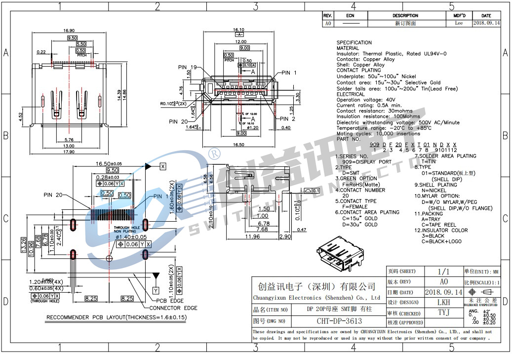 DP 20P母座 SMT脚 有柱  CHT-DP-3613(图1)