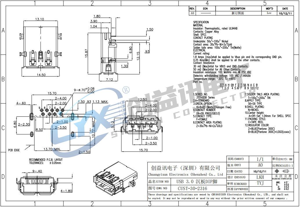 USB 3.0 沉板DIP脚  CUST-30-2316(图1)