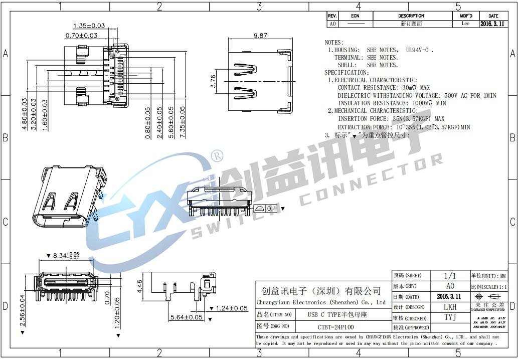 TYPE C母座24P有柱SMT+DIP半包  CTBT-24P100(图1)