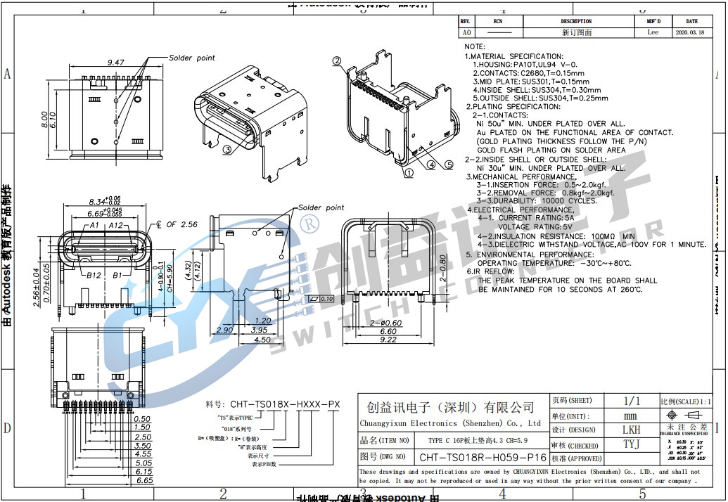 TYPE C 16P板上垫高4.3 CM H=5.9  CHT-TS018R-H059-P16(图1)