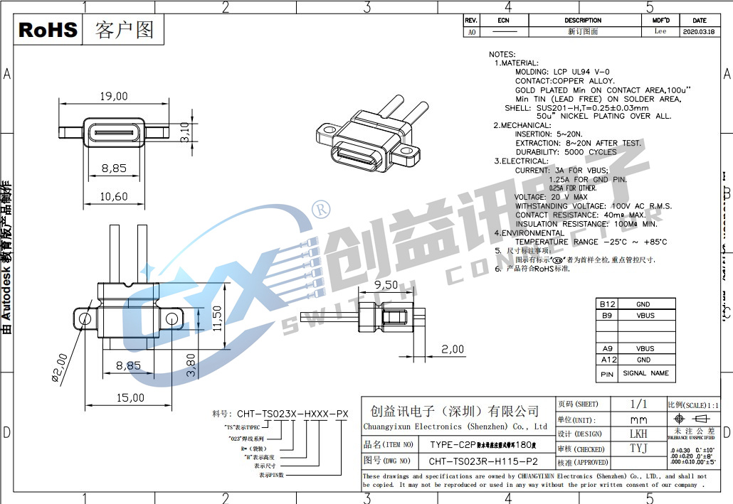 TYPE C 2P注塑焊线式带耳带线180 CHT-TS023B-H115-P2(图1)