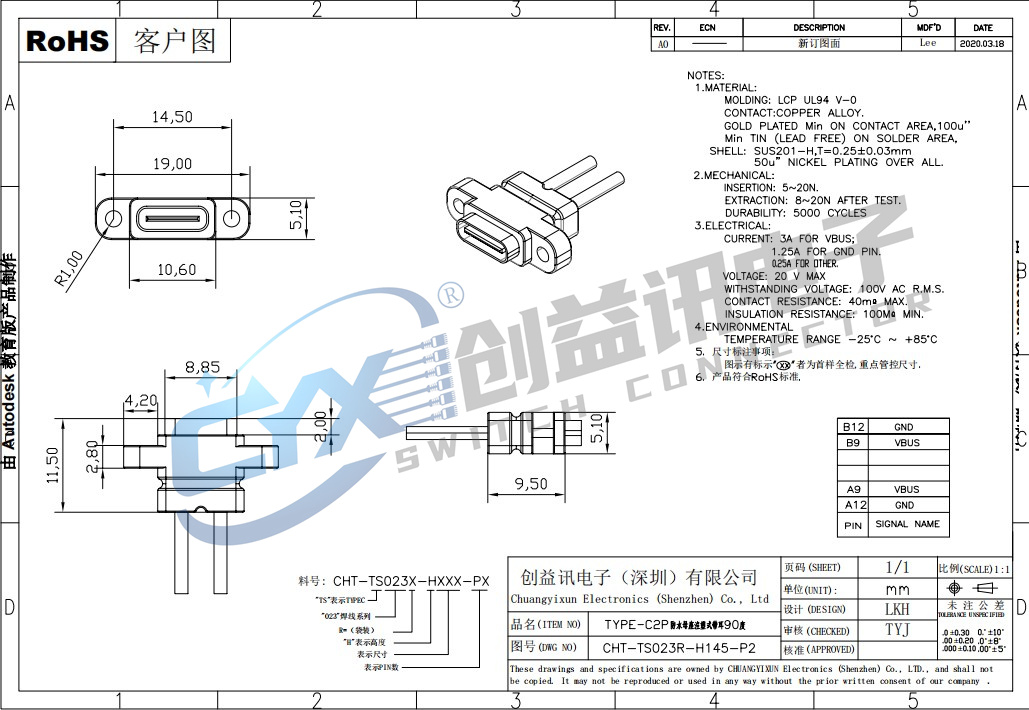 TYPE-C2P防水母座注塑带耳90度 CHT-TS023R-H145-P2(图1)