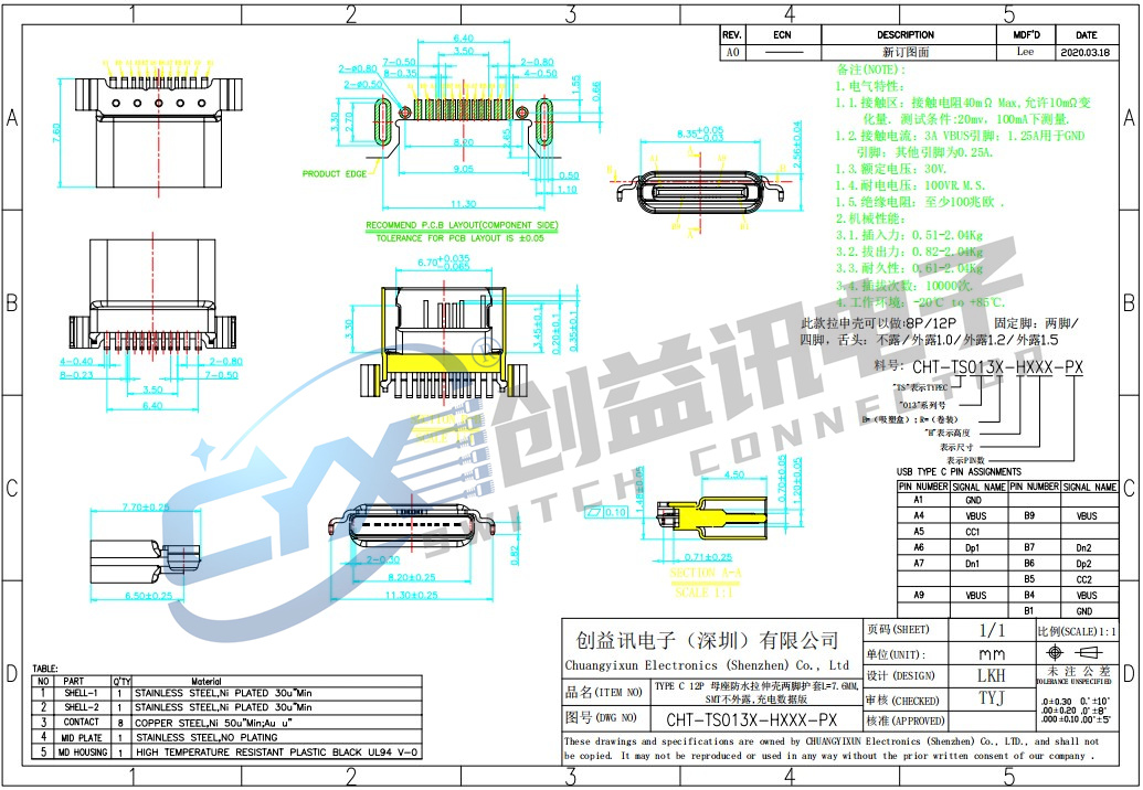 TYPE C 12P 母座防水拉伸壳两脚护套L=7.6MM,CHT-TS013X-HXXX-PX(图1)